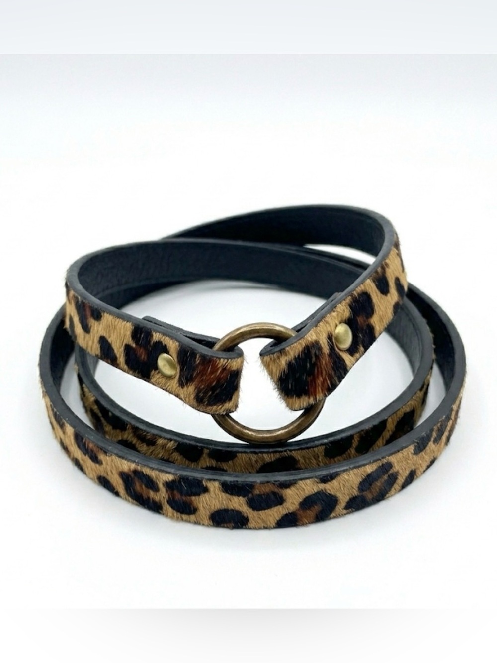 Leopard Calf Hair Skinny Belt Small - Genuine Leather Stud Closure